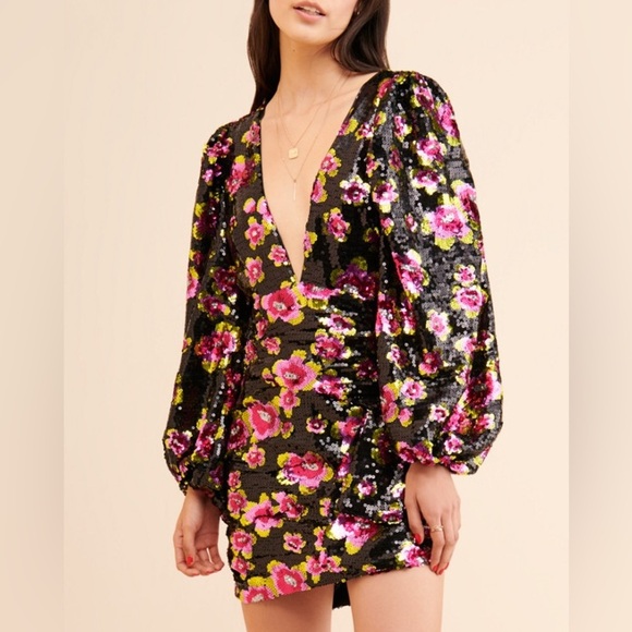 For Love & Lemons Morrison Rose Floral Sequin Mini Dress Size M - Picture 3 of 14